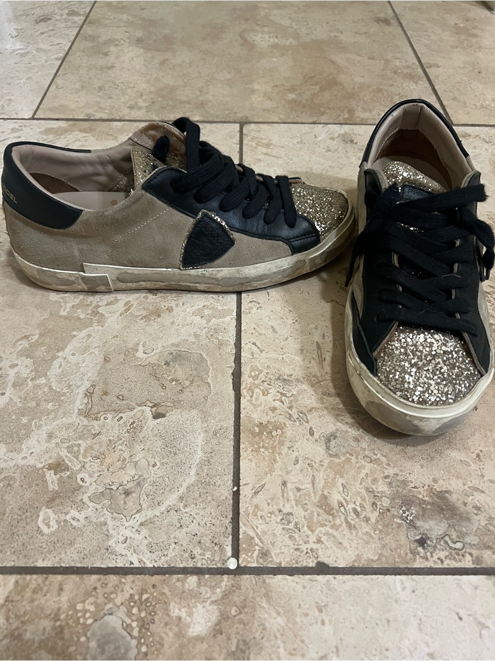 Philippe Model Gold Glitter Low-Top Women's Sneakers with Black Accents